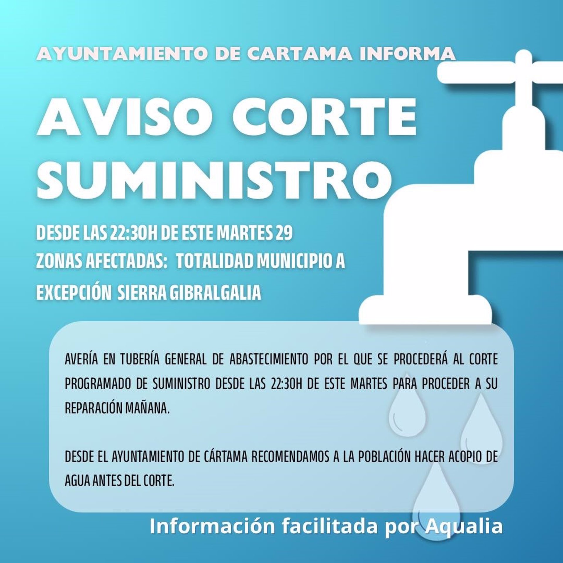 Cártama, sin abastecimiento de agua, por una avería tras el apagón