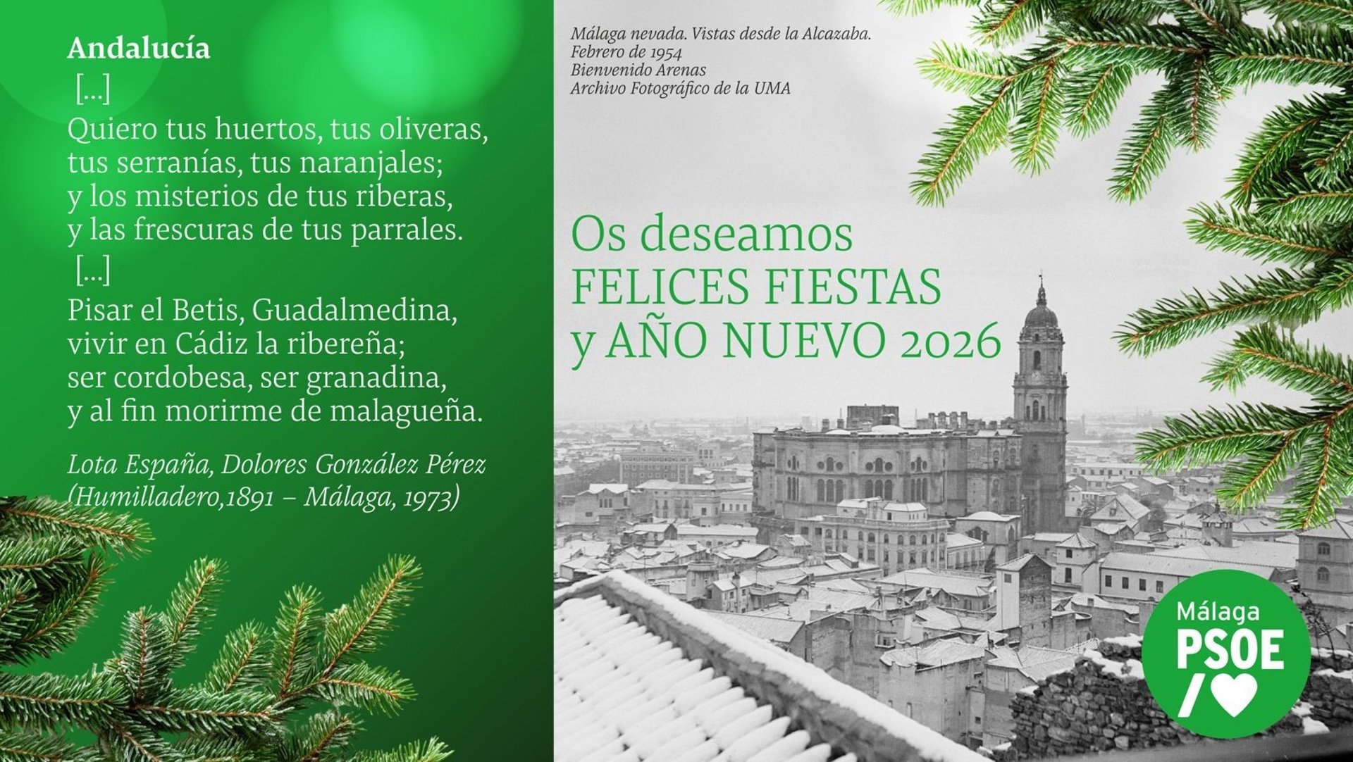 El PSOE recupera la figura de la poetisa malagueña Lota España para su felicitación navideña
