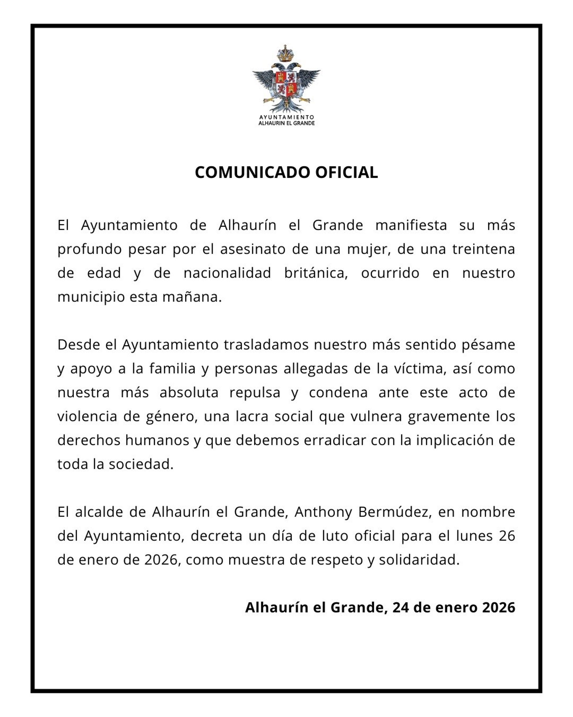 Ayuntamiento decreta día de luto tras asesinato de mujer por presunta violencia machista en Alhaurín el Grande