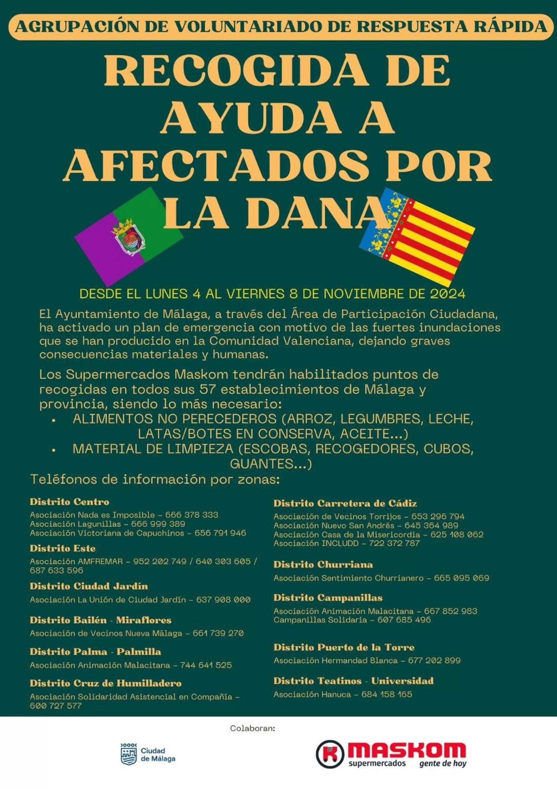 El Ayuntamiento activa dos vías de recogida de alimentos y productos para damnificados