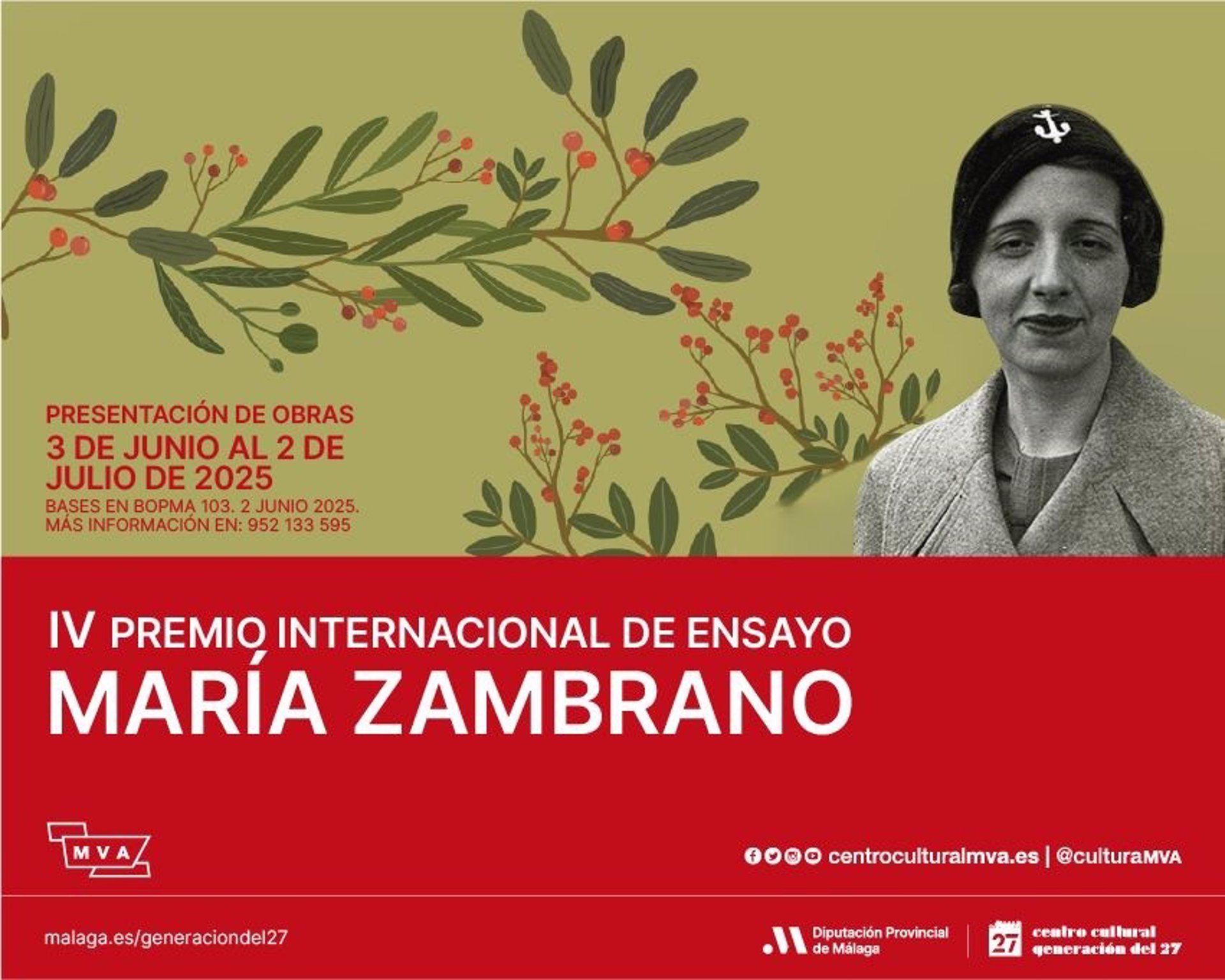 Diputación convoca la cuarta edición del Premio Internacional de Ensayo María Zambrano dotado con 10.000 euros