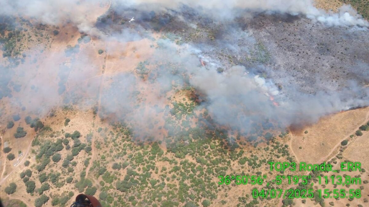 Sigue activo el incendio en Montecorto donde el viento a favor dificulta la lucha contra el fuego