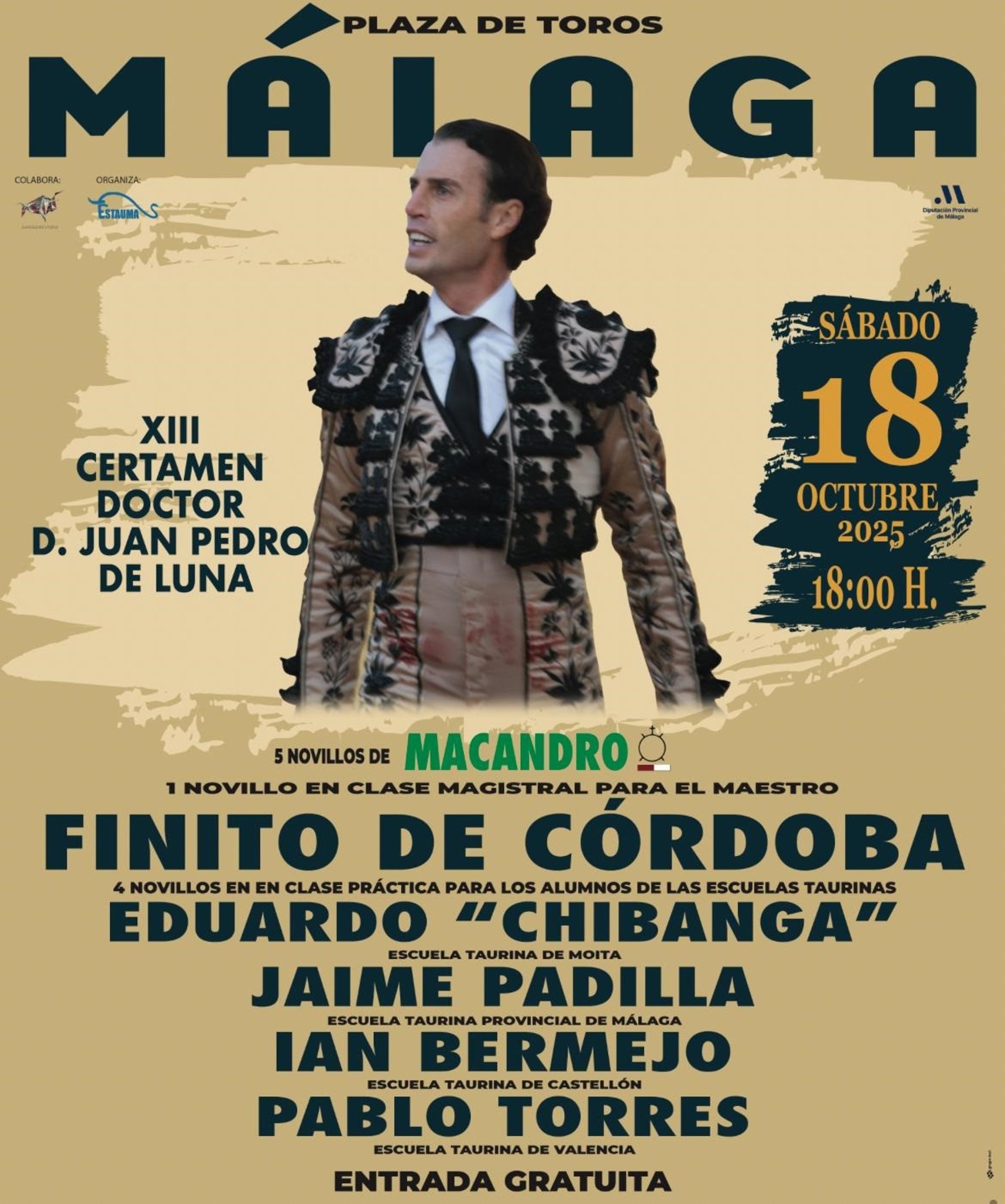Certamen Juan Pedro de Luna se celebra el 18 de octubre en La Malagueta con clase magistral de Finito de Córdoba