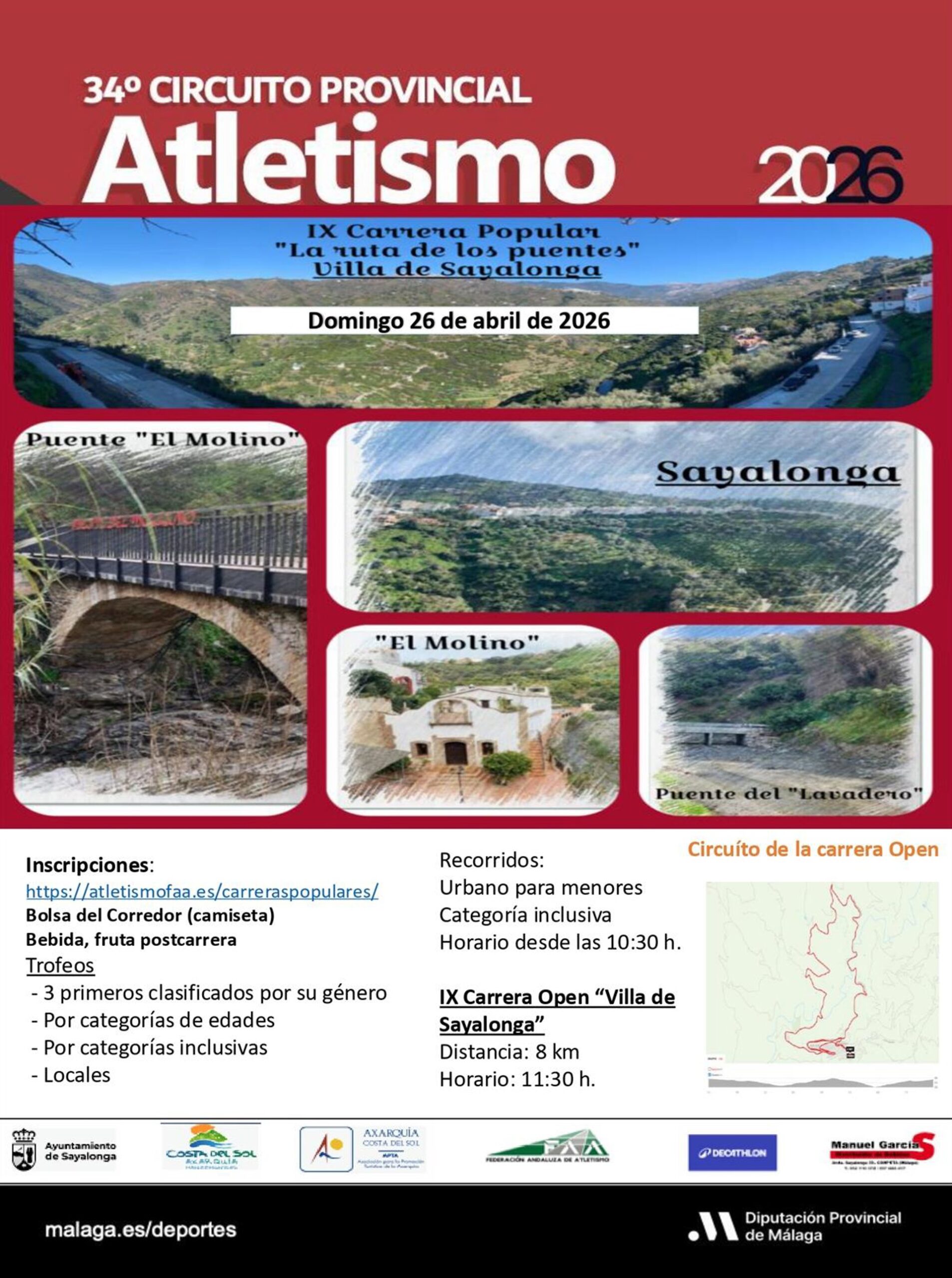 Sayalonga acoge este domingo la IX Carrera Popular 'La Ruta de los Puentes' con un trazado de ocho kilómetros