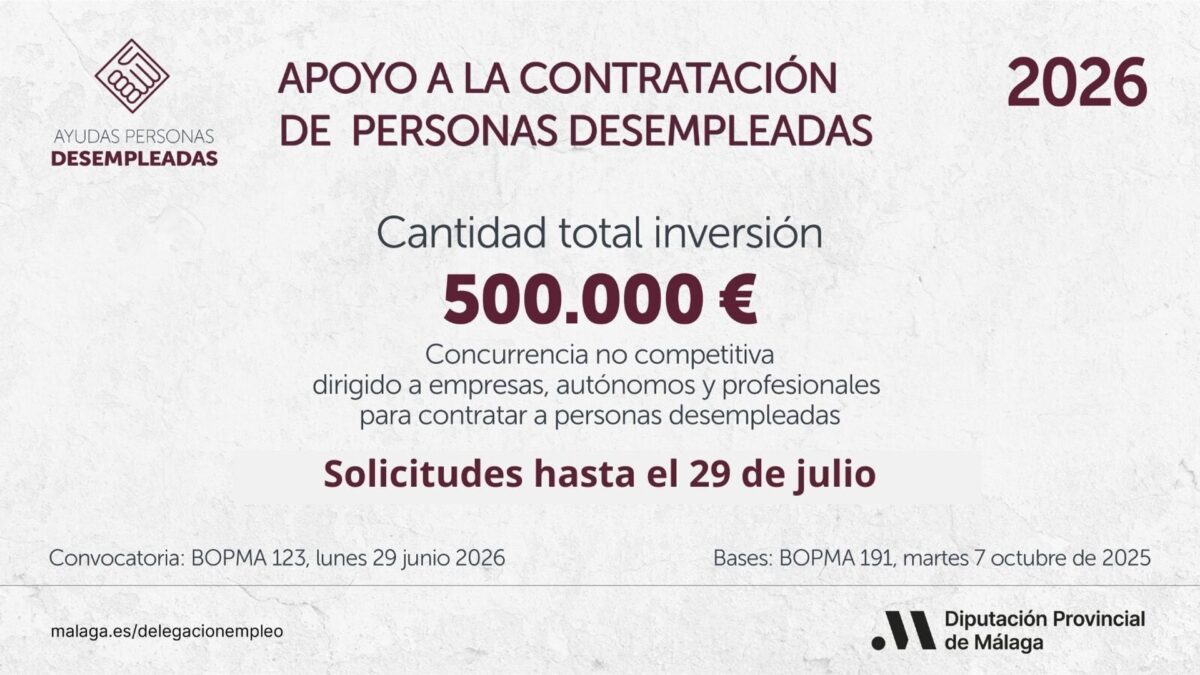 La Diputación de Málaga amplía la convocatoria de líneas de ayuda para la contratación hasta el 29 de julio
