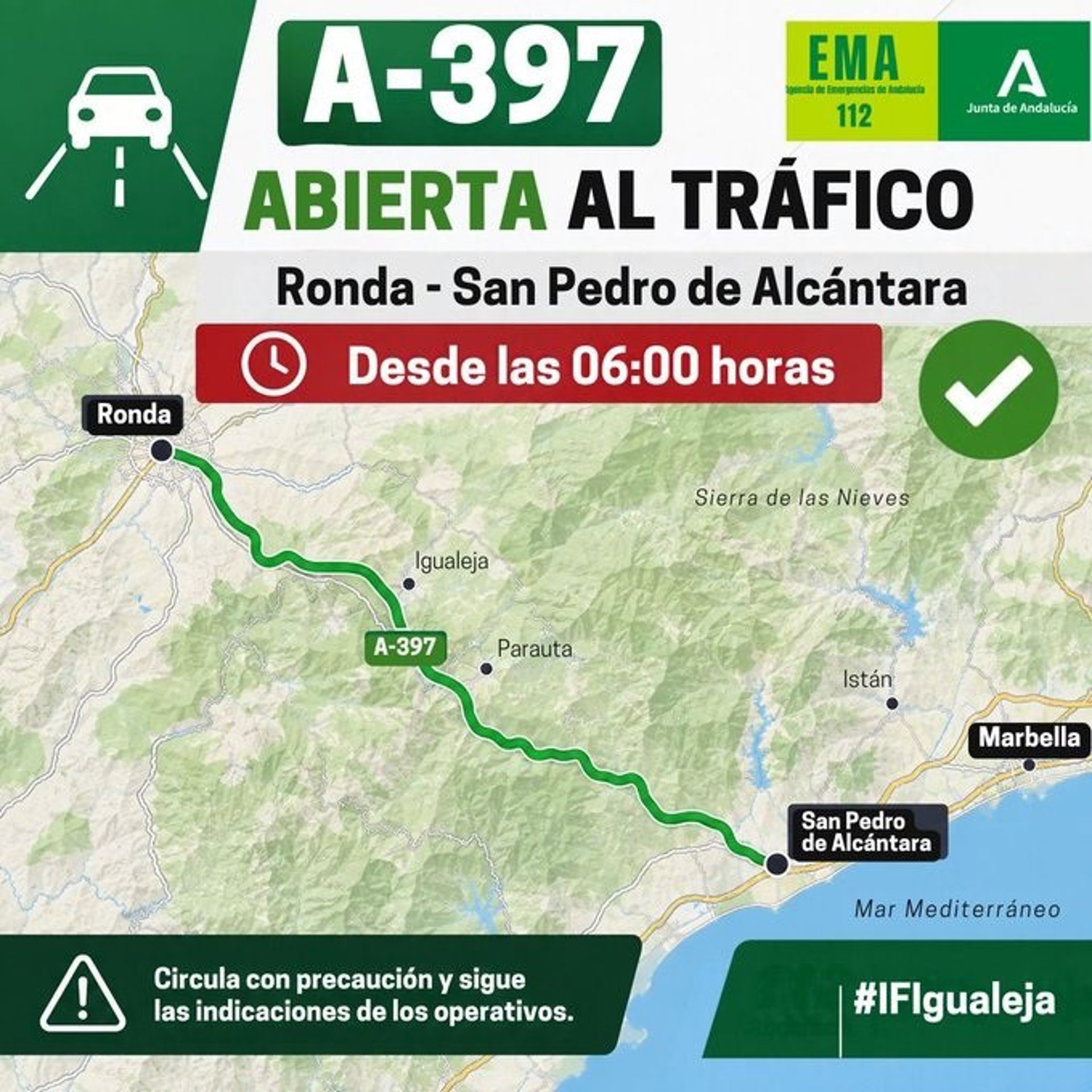 Reabierta al tráfico la A-397 entre Ronda y San Pedro de Alcántara cortada por el incendio de Igualeja